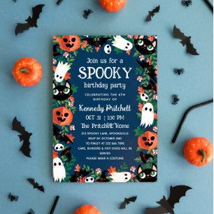 Dark Blue Spooky Halloween Kids Birthday Party Invitation