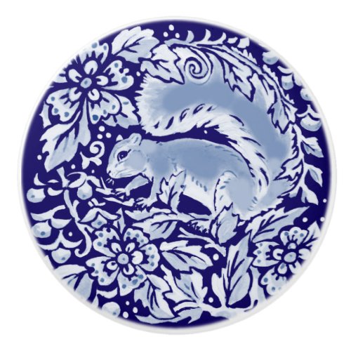 Dark Blue Squirrel Woodland Animal Floral Cobalt  Ceramic Knob