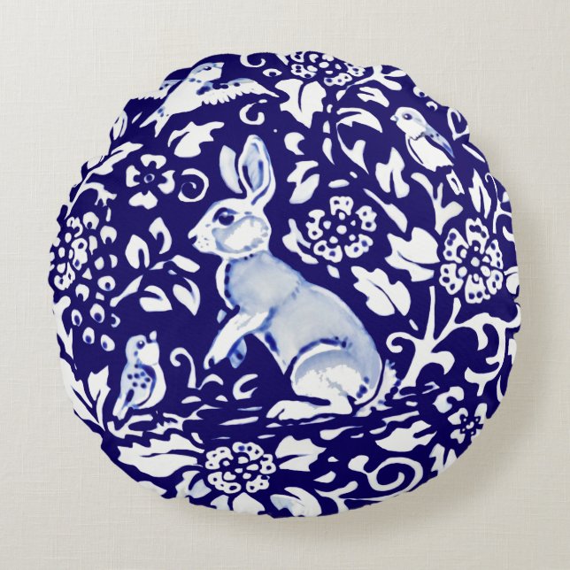 Dark Blue Standing Rabbit Bird Forest Dedham Delft Round Pillow (Front)