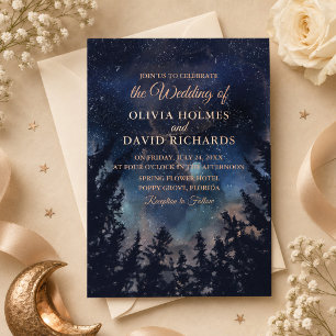 Dark Blue Starry Night Rose Gold Wedding Foil Invitation