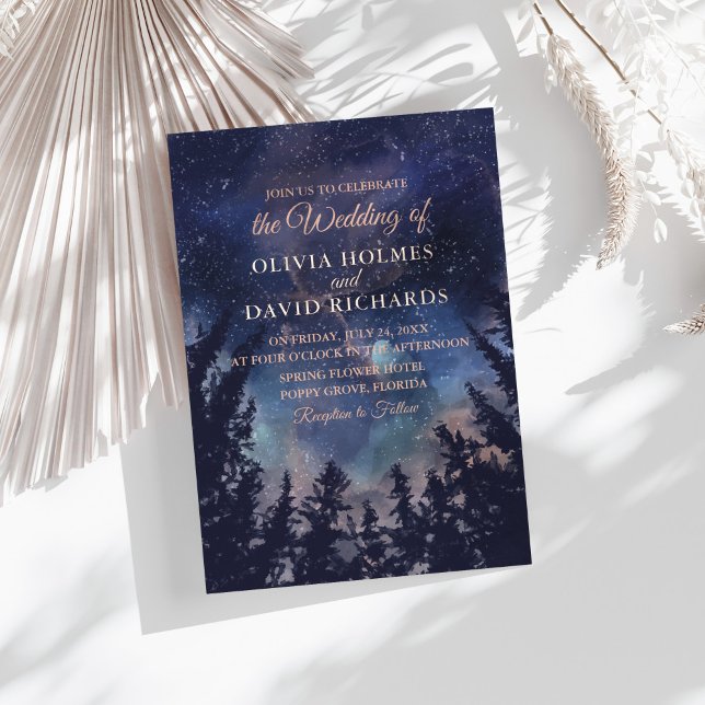 Dark Blue Starry Night Rose Gold Wedding Foil Invitation (Dark Blue Starry Night Forest Wedding Rose Gold Foil Invitation on a sunny wedding table.)