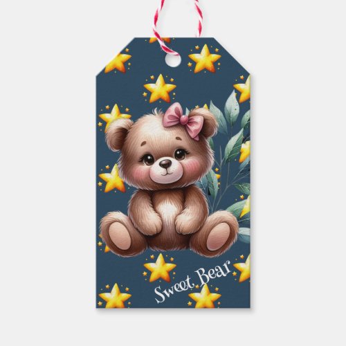 Dark Blue Stars and Teddy Bear Baby Shower Party Gift Tags