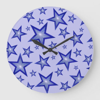 Dark Blue Stars clock round pale blue