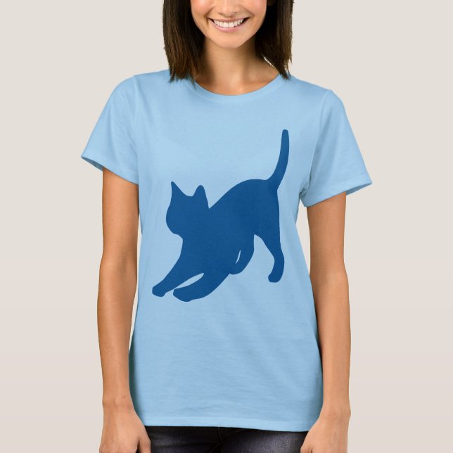 Dark Blue Stretching Cat Silhouette T-Shirt (Front)