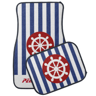 Dark Blue Stripe Burlap with a Ship Helm Emblem Car Floor Mat