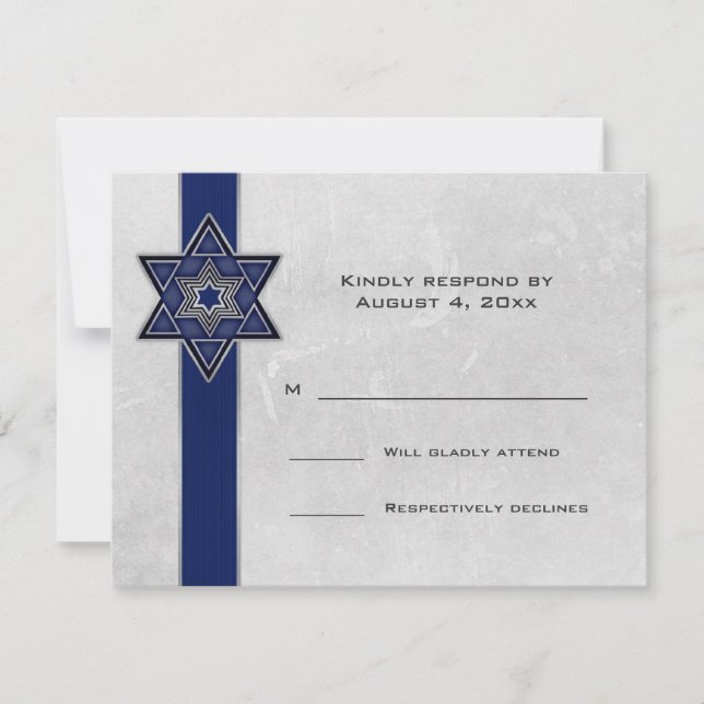 Dark Blue Stripe Star Bar Mitzvah RSVP Card (Front)