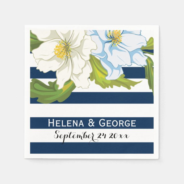 Dark blue stripes & flowers modern floral wedding napkins (Front)