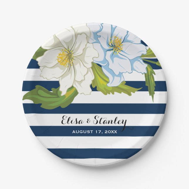 Dark blue stripes & flowers modern floral wedding paper plates (Front)