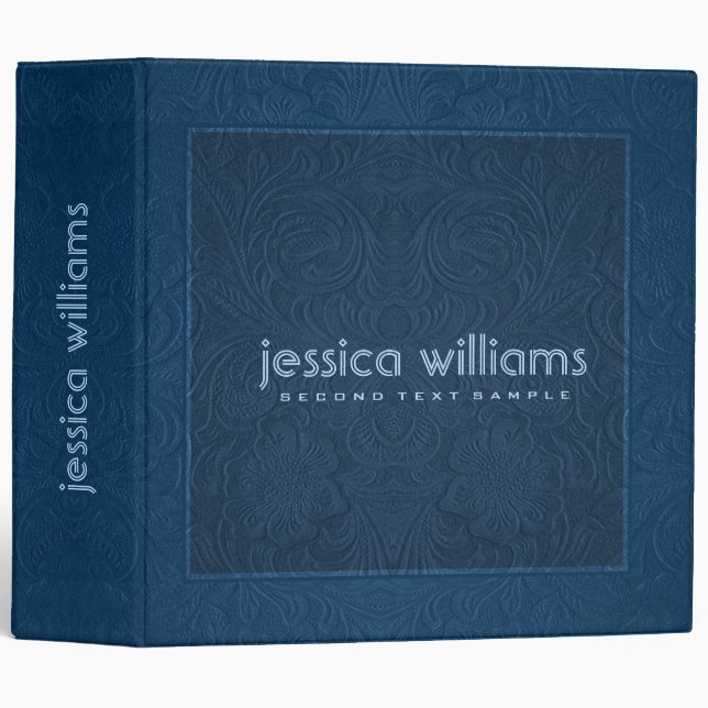 Dark Blue Suede Leather Floral Pattern Binder (Front/Spine)