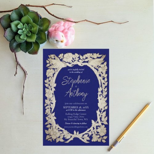  Dark Blue Tan Vintage Drawing Floral Bird Wedding Invitation