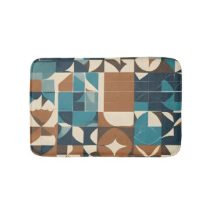 Dark Blue, Teal, Brown, and Tan Geometric Pattern Bath Mat
