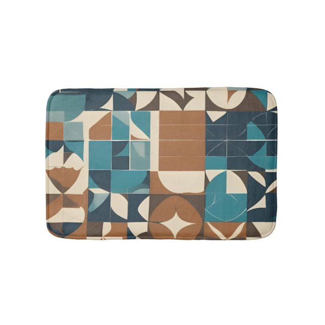 Dark Blue, Teal, Brown, and Tan Geometric Pattern Bath Mat (Front)