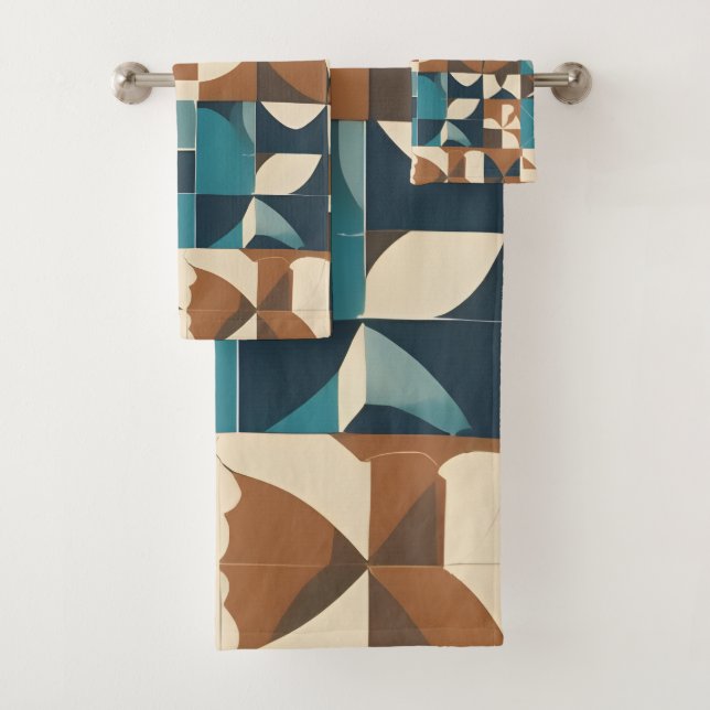 Dark Blue, Teal, Brown, and Tan Geometric Pattern Bath Towel Set (Insitu)