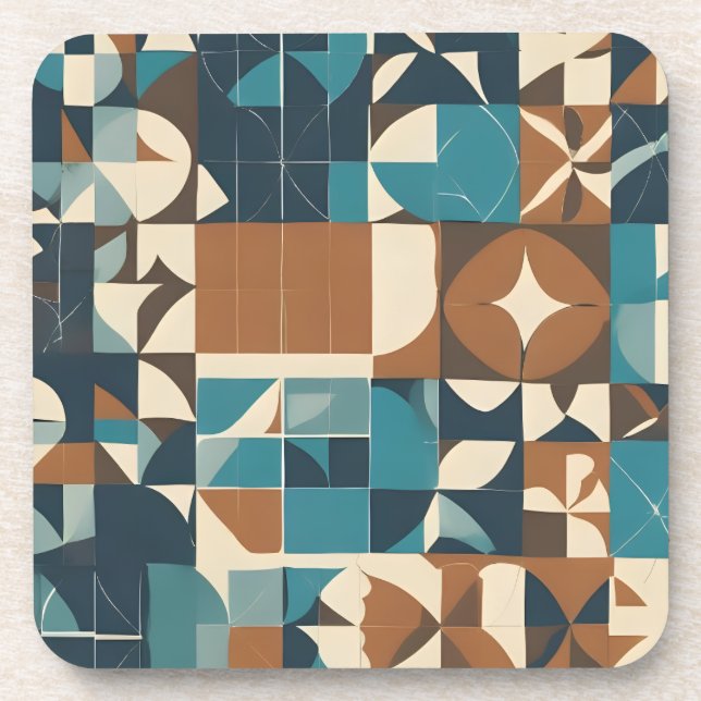Dark Blue, Teal, Brown, and Tan Geometric Pattern Beverage Coaster (Front)