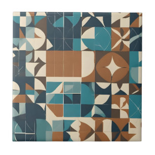 Dark Blue, Teal, Brown, and Tan Geometric Pattern Ceramic Tile