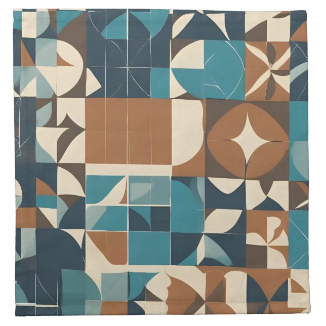 Dark Blue, Teal, Brown, and Tan Geometric Pattern Cloth Napkin (Front)