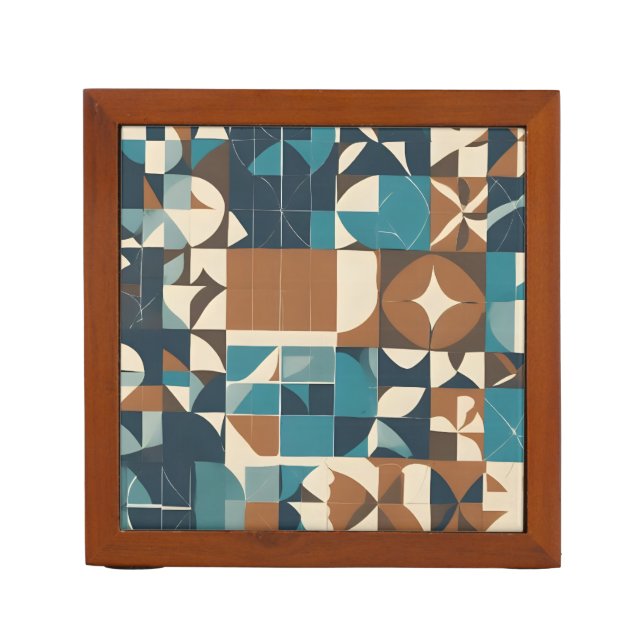 Dark Blue, Teal, Brown, and Tan Geometric Pattern Desk Organizer (Front)