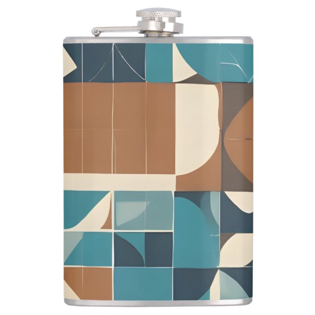Dark Blue, Teal, Brown, and Tan Geometric Pattern Flask (Front)