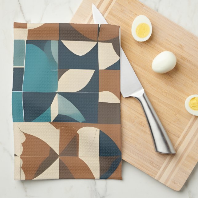 Dark Blue, Teal, Brown, and Tan Geometric Pattern Kitchen Towel (Quarter Fold)