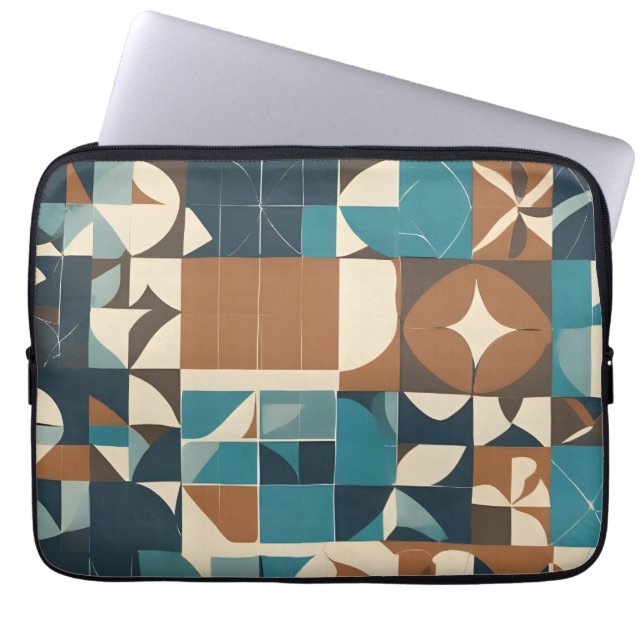 Dark Blue, Teal, Brown, and Tan Geometric Pattern Laptop Sleeve (Front)