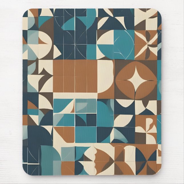Dark Blue, Teal, Brown, and Tan Geometric Pattern Mouse Pad (Front)