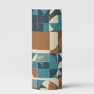 Dark Blue, Teal, Brown, and Tan Geometric Pattern Pillar Candle