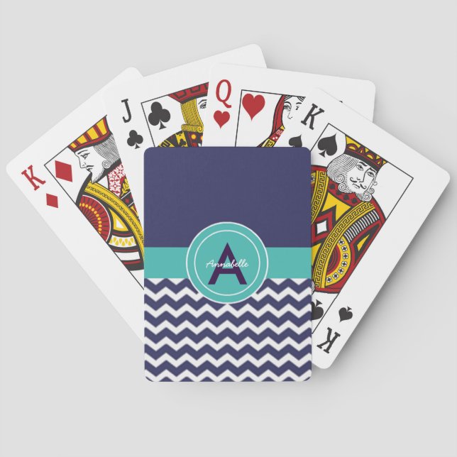 Dark Blue Teal Chevron Poker Cards (Back)