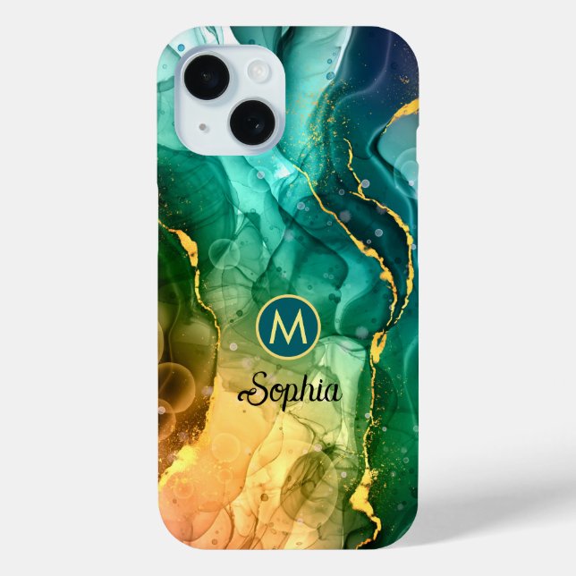 Dark Blue Teal Yellow Green Liquid Ink, Monogram Case-Mate iPhone Case (Back)