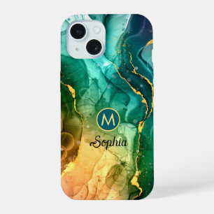 Dark Blue Teal Yellow Green Liquid Ink, Monogram iPhone 15 Case