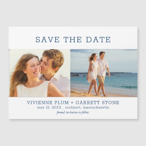 Dark Blue Text 2 Photo Wedding Save the Date Magnetic Invitation