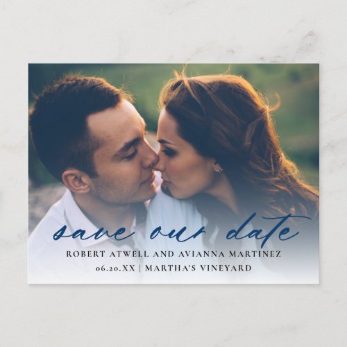 Dark Blue Text Photo Wedding Save the Date Announcement Postcard