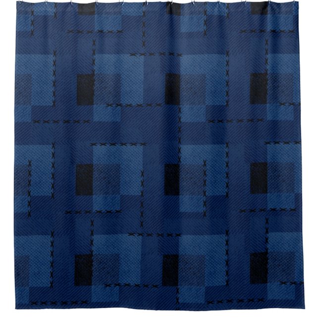 Dark blue textured geometric shower curtain (Front)