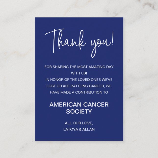 Dark Blue Thank You Donate To Charity Wedding Place Card (Front)