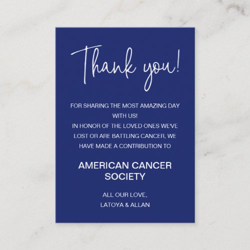 Dark Blue Thank You Donate To Charity Wedding Place Card