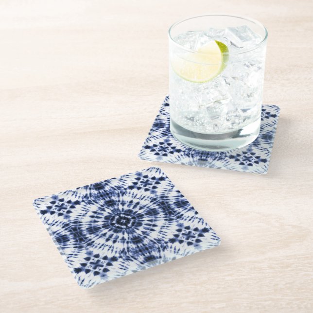Dark Blue Tie Dye Pattern Glass Coaster (Angled)