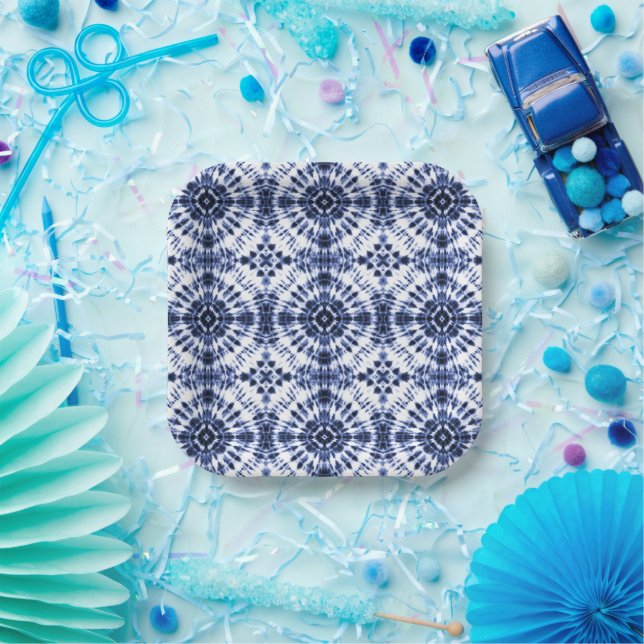 Dark Blue Tie Dye Pattern Paper Plates (Party)