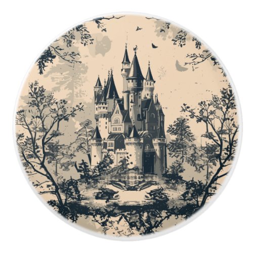 Dark Blue Toile French Castle Ceramic Knob