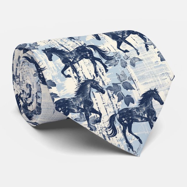 Dark Blue Toile Horses Racing Neck Tie (Rolled)