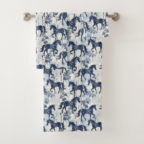 Dark Blue Toile Horses Seamless Bath Towel Set