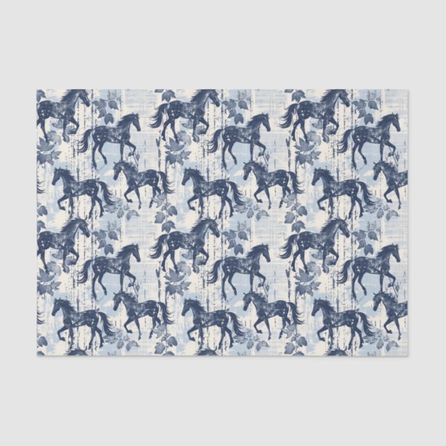 Dark Blue Toile Horses Seamless Tissue Paper (Front)