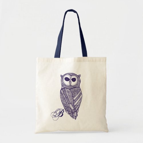 Dark Blue Tones Line Drawing Owl Tote Bag