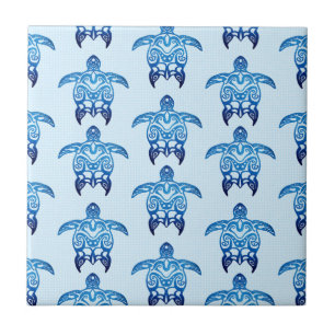 Dark Blue Tribal Honu Turtles Ceramic Tile
