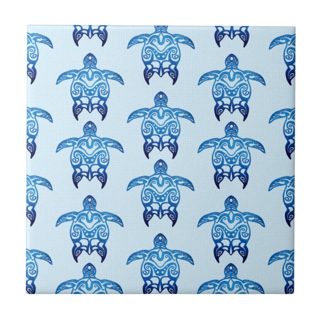 Dark Blue Tribal Honu Turtles Ceramic Tile (Front)