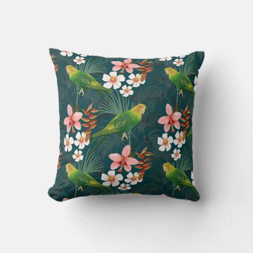 Dark Blue Tropical Floral Parakeet Pattern Throw Pillow