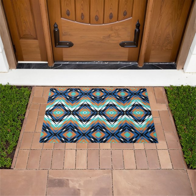Dark Blue Turquoise Terracotta Black Tribal Art Doormat (Outdoor)