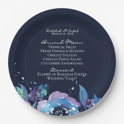 Dark Blue Twilight Floral Watercolor Wedding Paper Plates