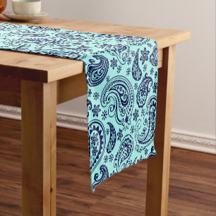 Dark-blue vintage paisley on mint-green short table runner