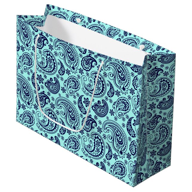 Dark-blue Vintage Paisley Pattern On Mint-green Large Gift Bag (Front Angled)