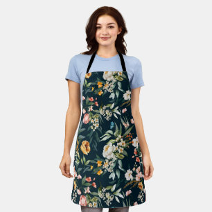 Dark Blue Vintage Style Garden Flower Pattern Apron