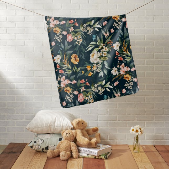 Dark Blue Vintage Style Garden Flower Pattern Baby Blanket (In Situ)